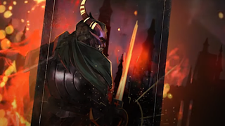 Artwork from Champions Tactics, featuring a warrior wielding a thin blade with a horned helmet amidst burning ruins.