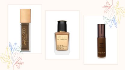Three of the best foundations for dark skin in a collage including Urban Decay, Pat McGrath and Hourglass