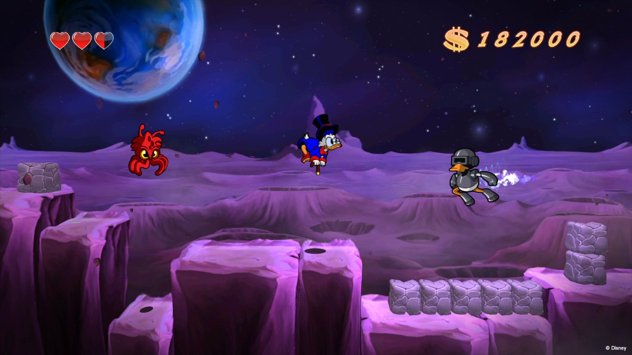 Scrooge McDuck bounces on the Moon in DuckTales Remastered