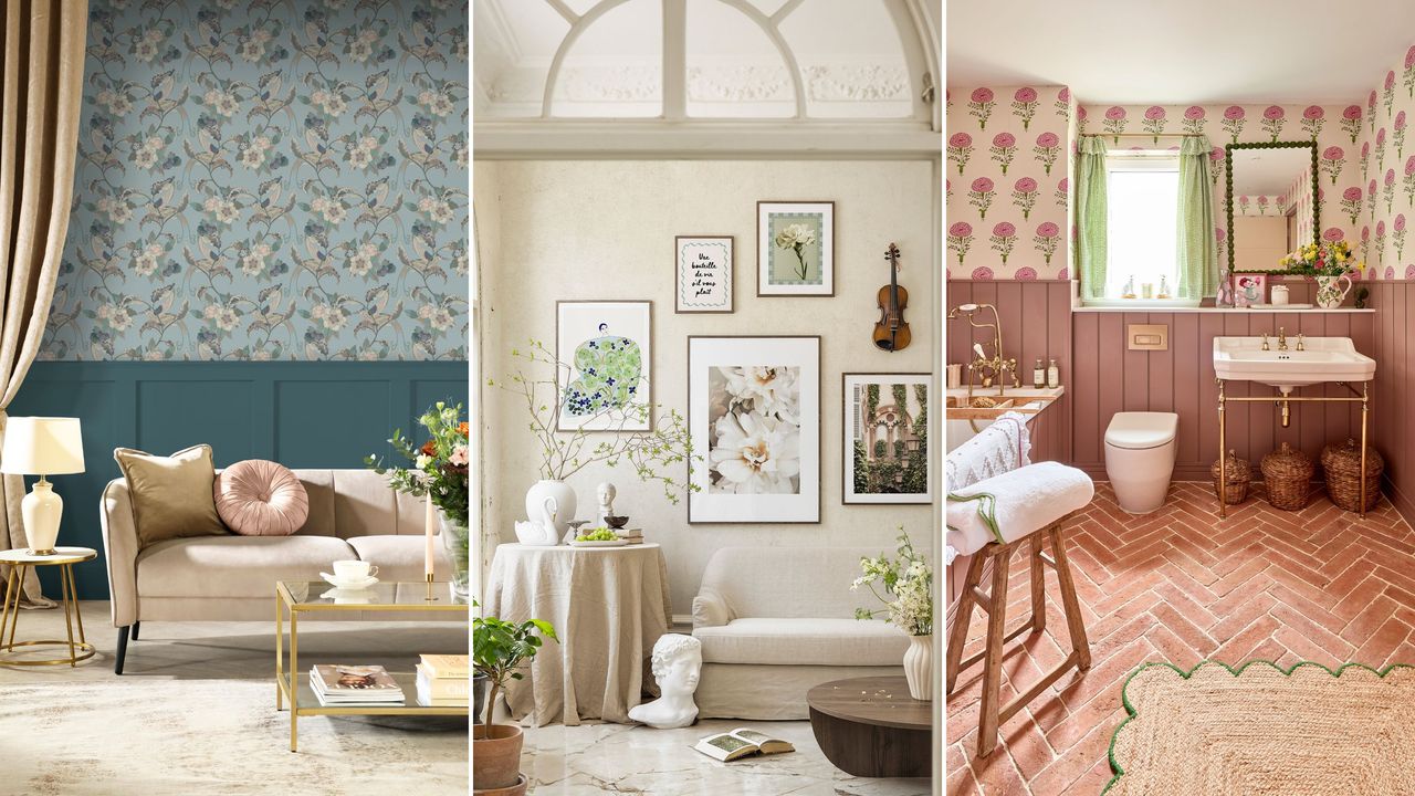 Summer color trends are so chic. Here are three of these - a dark blue living area with a beige couch and gold rectangular table, a beige living area with wall art on the walls and a beige couch, and a bathroom with pink wallpaper, terracotta tiles, and a white standing basin