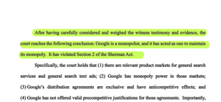 A portion of the ruling against Google announced on August 5, 2024 wherein the judge describes Google as a monopolist for its behavior around search business.