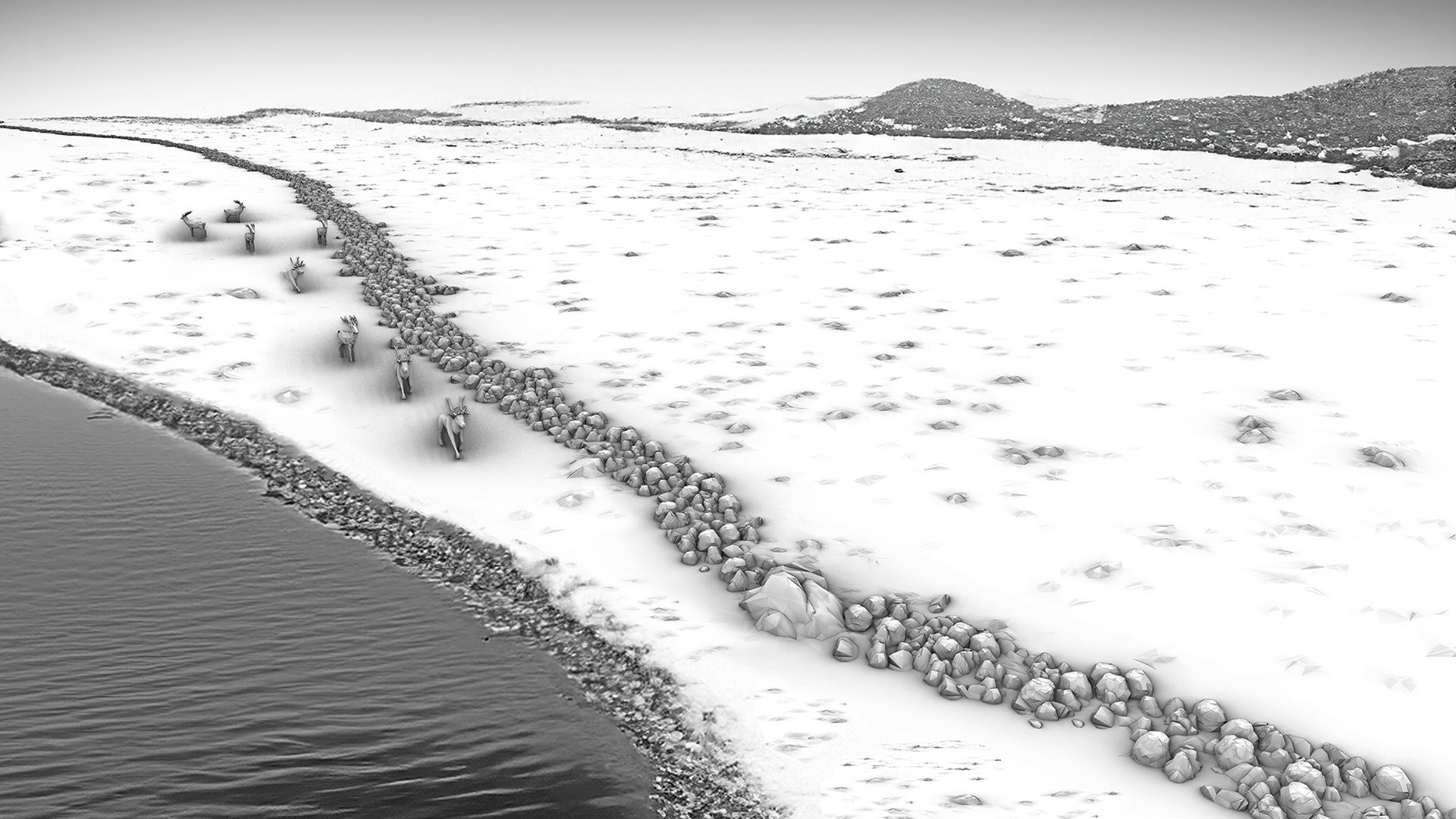 A black and hwite photo of a 3D model of the wall on dry land near the water.