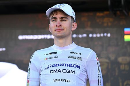 LAGOS, PORTUGAL - FEBRUARY 21: Paul Seixas of France and Team Decathlon CMA CGM celebrates at podium as White Best Young Rider Jersey winner during the 52nd Volta ao Algarve em Bicicleta 2026, Stage 4 a 175.1km stage from Albufeira to Lagos on February 21, 2026 in Lagos, Portugal. (Photo by Dario Belingheri/Getty Images)