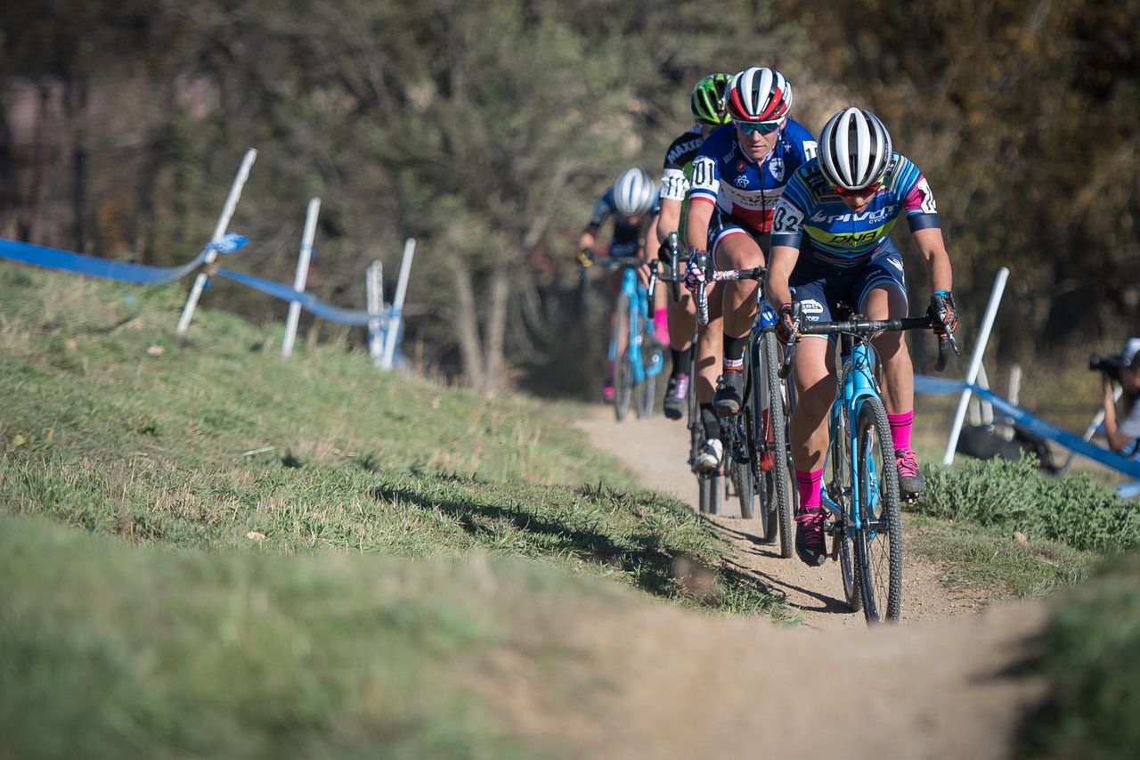 The lead group in the women's race on Day 1 of the US Open of Cyclo-cross