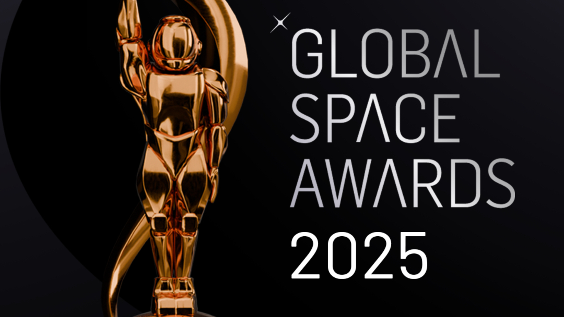 A golden astronaut trophy in front of a dark background with the words &quot;Global Space Awards 2025&quot; next to it on the right side in white