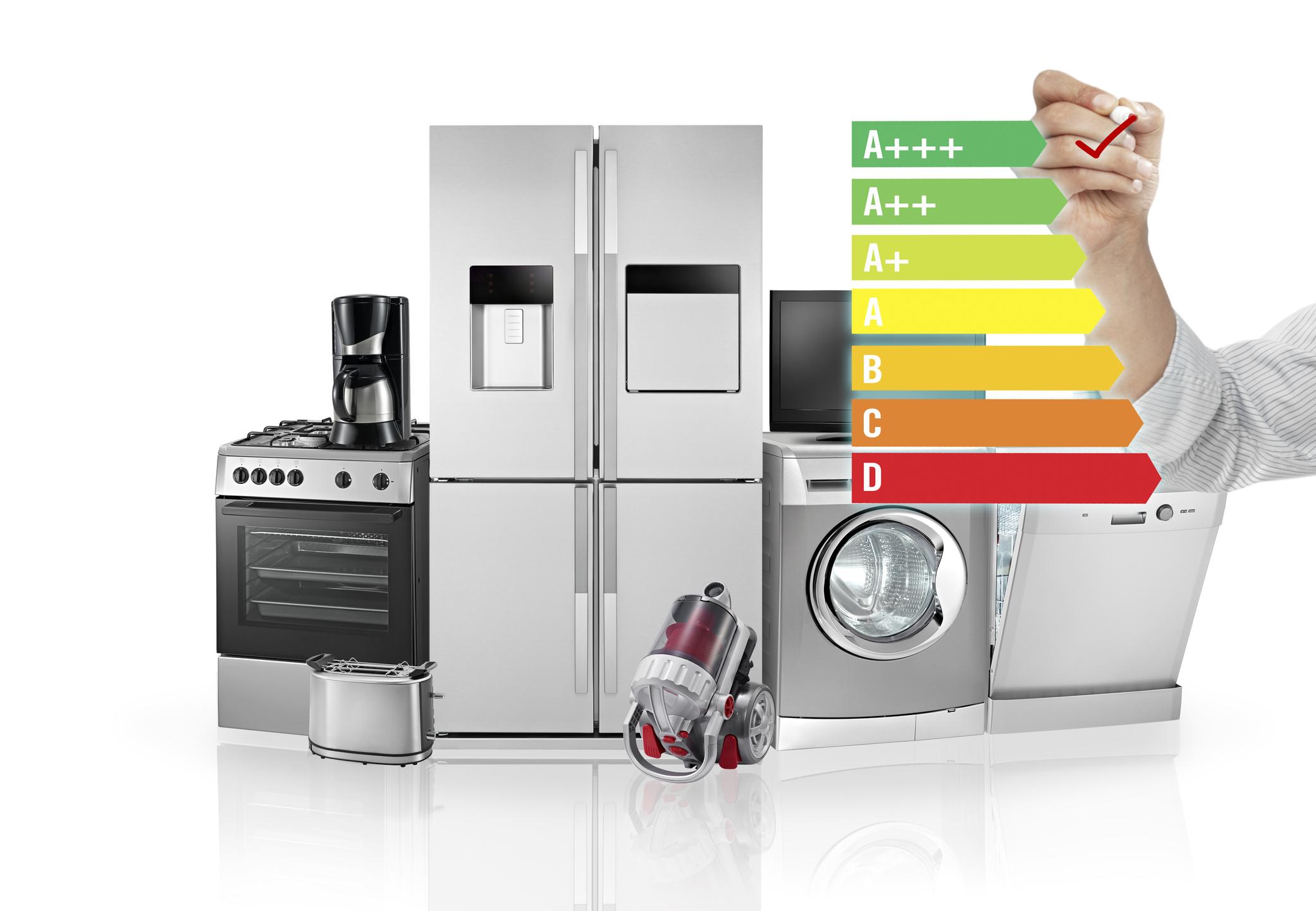  A series of appliances with an energy efficiency scale next to them with a tick next to the top level 