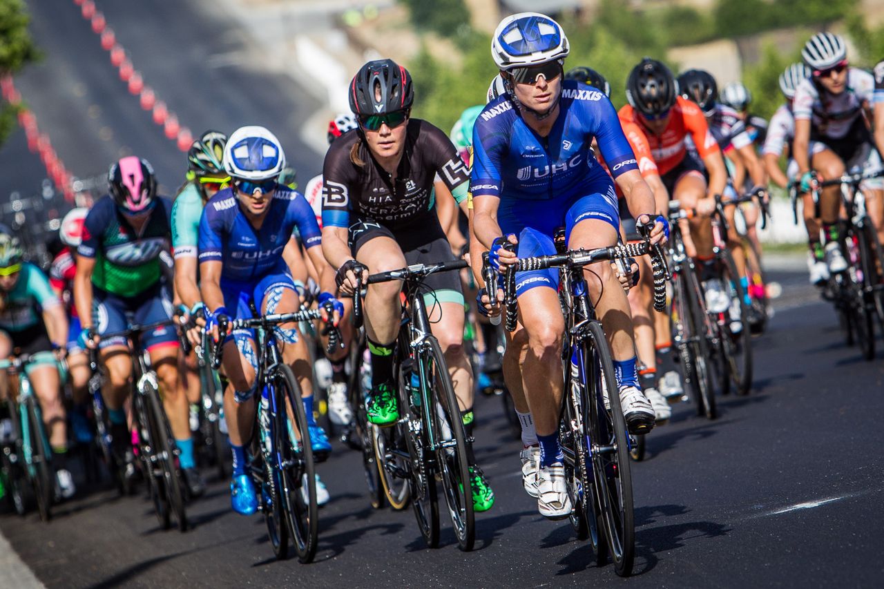 Lauren Hall (UnitedHealthcare) leads the women's field up the climb