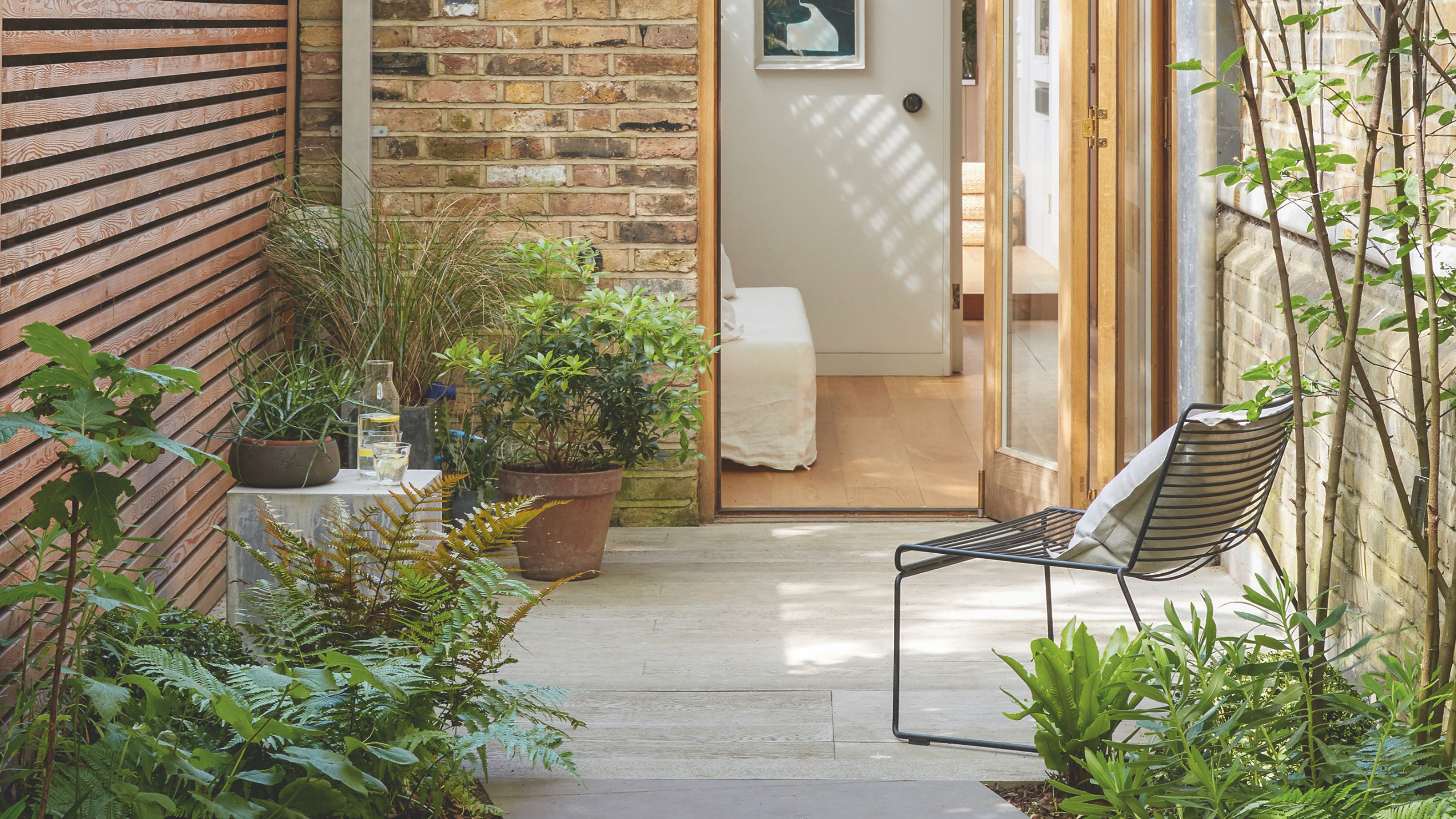 Outdoor seat and plants in side return garden