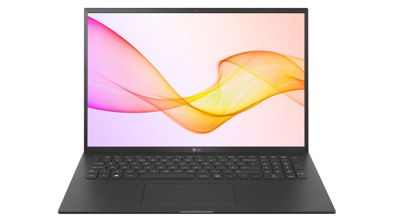 LG Gram 17-inch laptop on white background with screen facing the viewer. An energy wave emanates across the screen in a rainbow colorway.