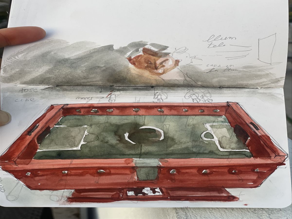 A painting of a table football game, and in game