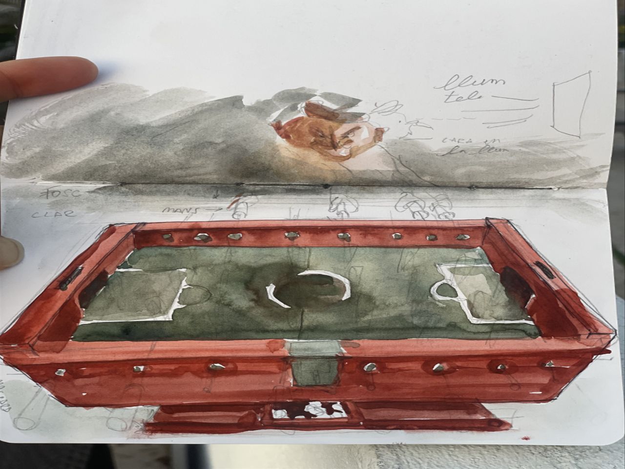 A painting of a table football game, and in game