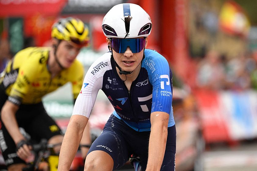 Team Israel Premier Tech &#039;s US rider Matthew Riccitello crosses the finish line during the 14th stage of the Vuelta a Espana cycling tour, a 135 km race between Aviles and La Farrapona in Somiedo, on September 6, 2025. Cycling team Israel-Premier Tech removed their name from their kit at the Vuelta a Espana today after pro-Palestine protests aimed at them during the race. (Photo by Miguel RIOPA / AFP)