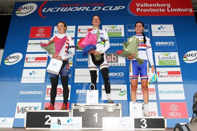 The elite women's podium from the first World Cup of the season (L-R): Katie Compton, Marianne Vos and Nikki Harris