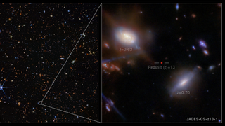 A side by side showing the full sky view on the left. On the right, the galaxy is enlarged.