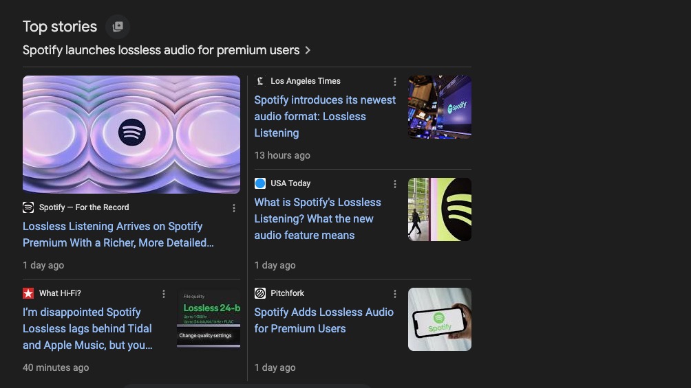 A screengrab of the Google Top Stories carousel with results for the term &#039;Spotify Lossless&#039;.