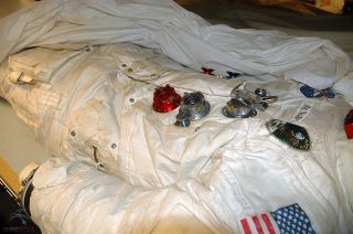 Close-up of astronaut Neil Armstrong's Apollo spacesuit, as seen being preserved at the Smithsonian in 2008.