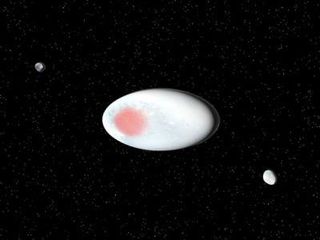 This is an illustration of Haumea and its two satellites (Hi’iaka and Namaka).