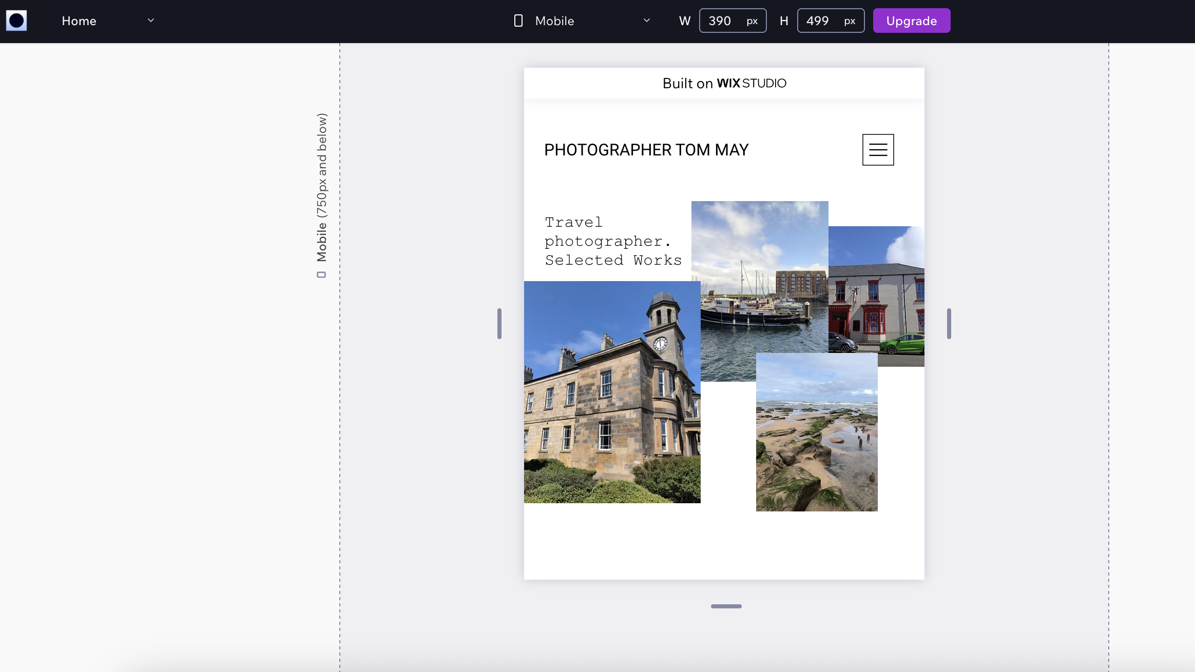 Wix template in mobile view