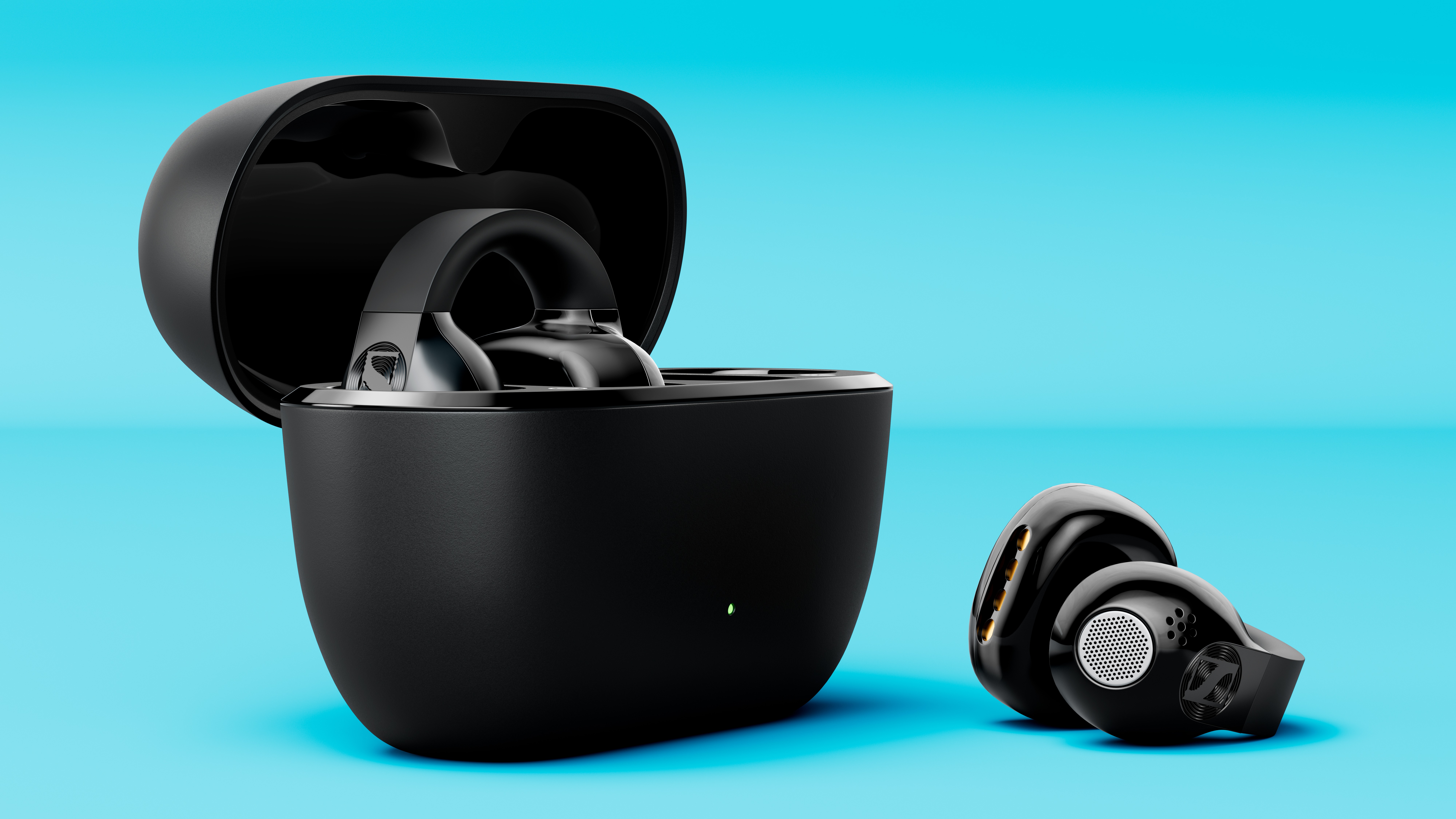 Sennheiser Accentum Clip open wireless earbuds on a blue background