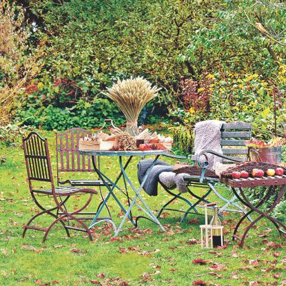 Metal bistro set on lawn in autumn garden with brown leaves and harvests including apples