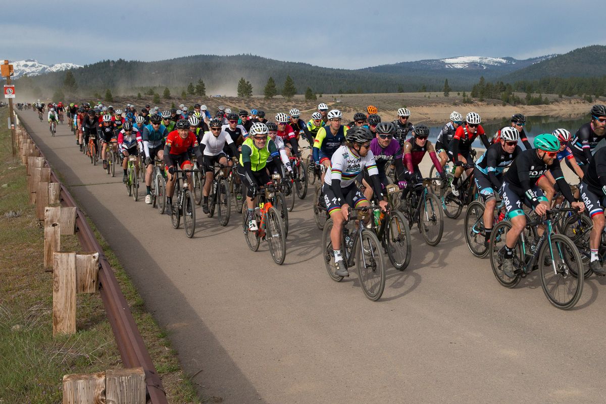 Riders head out on course for the Sagan Fondo on May 5, 2018 in Truckee, California