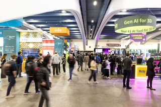 Attendees at GDC 2025 walking between expo hall booths. A sign reads "Gen AI for 3D."
