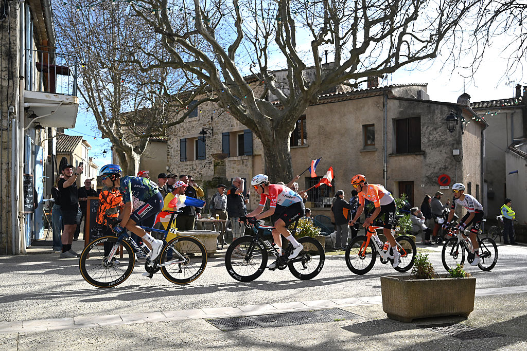 APT, FRANCE - MARCH 13: Igor Arrieta of Spain and UAE Team Emirates - XRG, Steff Cras of Belgium and Team Soudal Quick-Step, Joshua Tarling of Great Britain and Team INEOS Grenadiers and Arthur Kluckers of Luxembourg and Team Tudor Pro Cycling compete in the breakaway during the 84th Paris-Nice 2026, Stage 6 a 179.3km stage from Barbentane to Apt 234m / #UCIWT / on March 13, 2026 in Apt, France. (Photo by Szymon Gruchalski/Getty Images)
