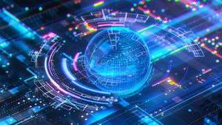  Future technology background glowing futuristic globe HUD, digital data flowing and network structure