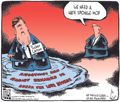 Political Cartoon U.S. Tucker Carlson Fox news racist remarks Media Matters