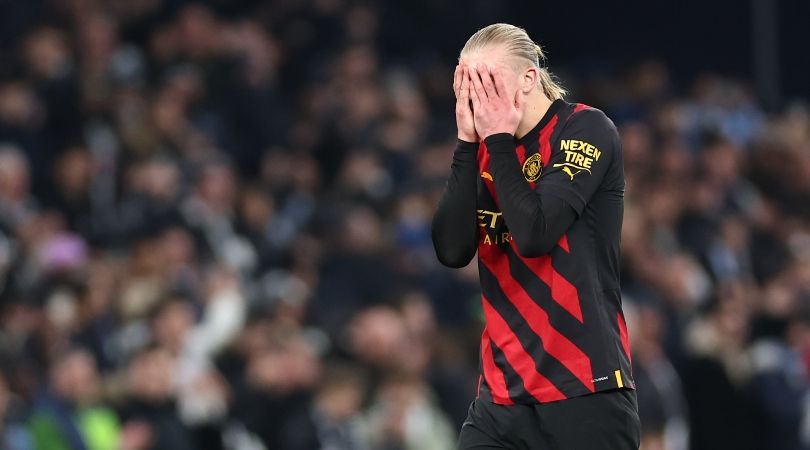 Manchester City striker Erling Haaland gestures during his side&#039;s defeat to Tottenham in February 2023.