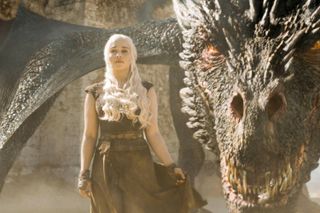Emilia Clarke as Daenerys Targaryen with the dragon Drogon in Game of Thrones