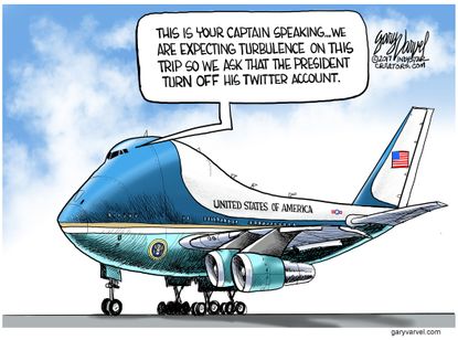 Political cartoon U.S. Trump abroad Air Force One