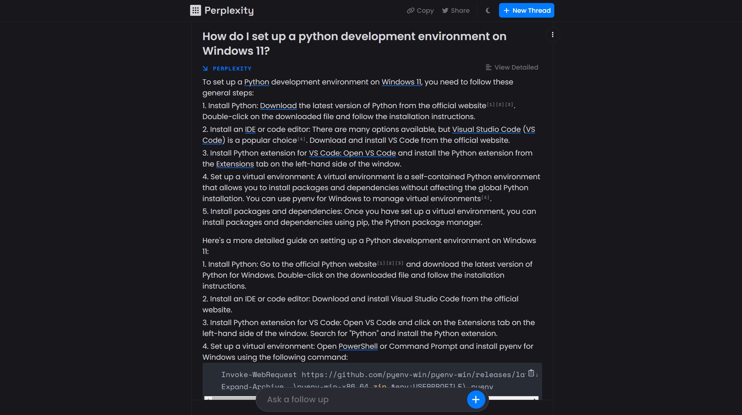 Perplexity.ai zeigt eine Antwort auf eine Abfrage zum Erstellen einer Python-Entwicklungsumgebung unter Windows 11