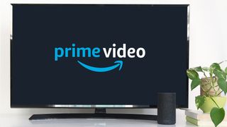 The Prime Video logo is on a TV next to an Amazon smart speaker and a plant