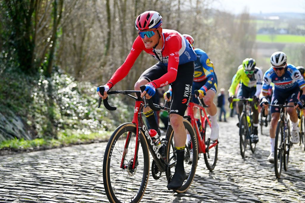 Dylan van Baarle in action on the cobbles of Kuurne-Brussel-Kuurne