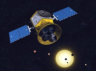 An artist's illustration of NASA's Transiting Exoplanet Survey Satellite (TESS) hunting for alien worlds. TESS is scheduled to launch on April 16, 2018.