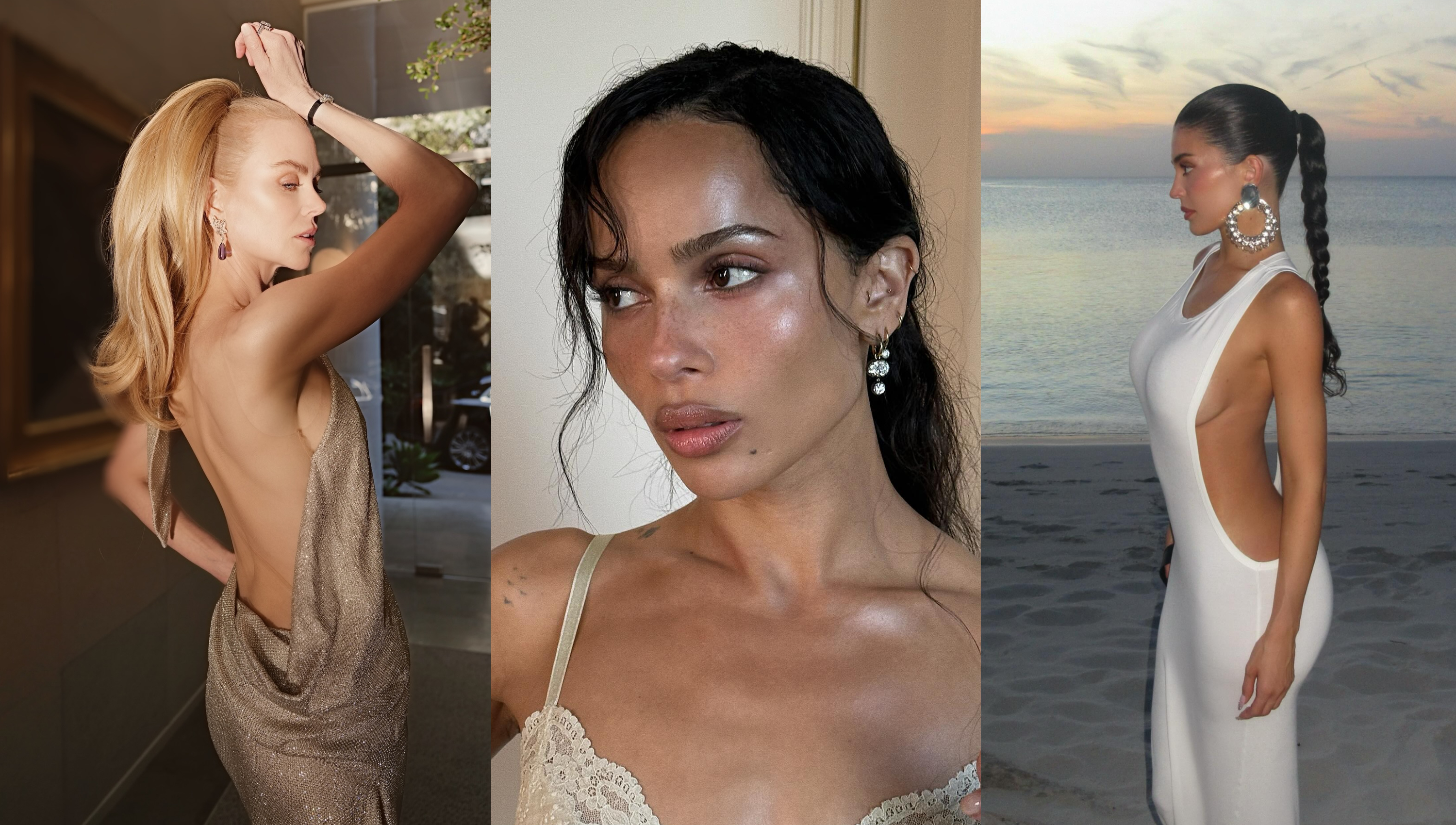 three women including nicole kidman, zoe kravitz, and kylie jenner each wearing a different ponytail hairstyle