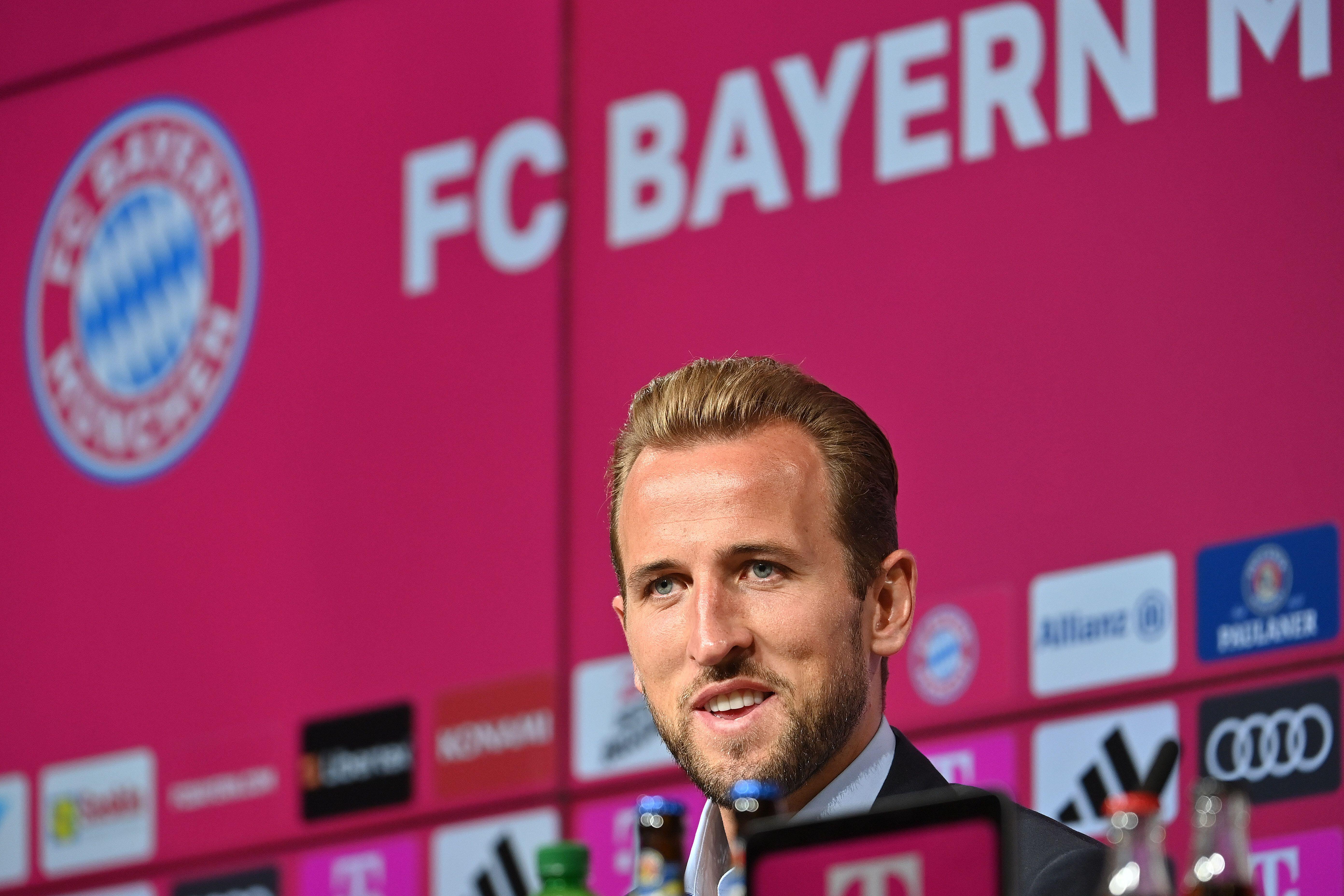 Harry Kane is unveiled as a Bayern Munich player at a press conference, August 2023