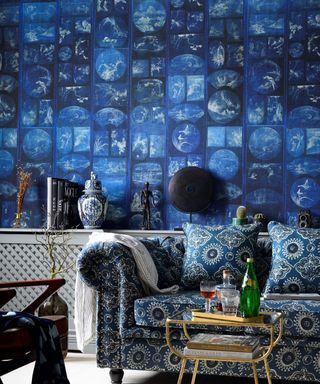 Indigo blue wallpaper in living room