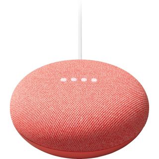 Red round Google Nest Mini with white antenna