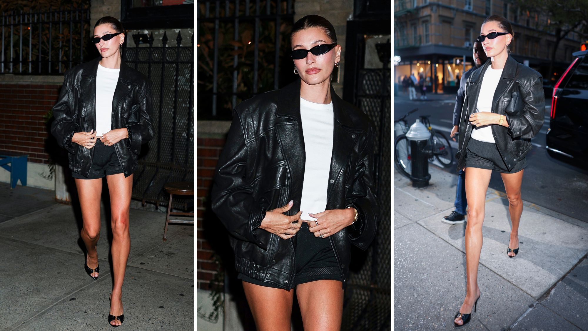 Hailey Bieber leather bomber jacket