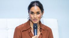 Meghan Markle speaks onstage at EAN University on August 15, 2024 in Bogota, Colombia