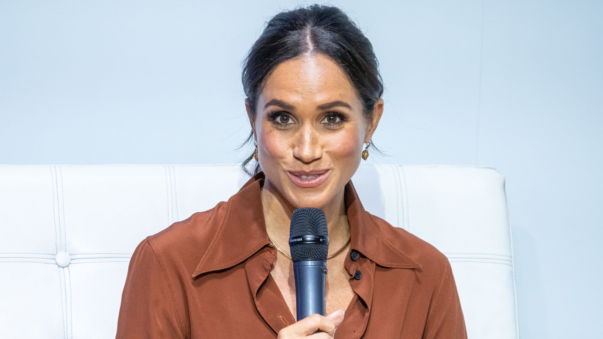 Meghan Markle speaks onstage at EAN University on August 15, 2024 in Bogota, Colombia