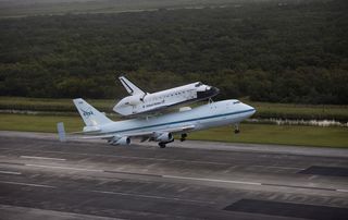 Endeavour Takes Off atop Shuttle Carrier Aircraft