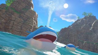 In Pokemon Winds and Waves, the large whale-like Pokemon Wailord shoots water up from its blow hole on the surface of the ocean