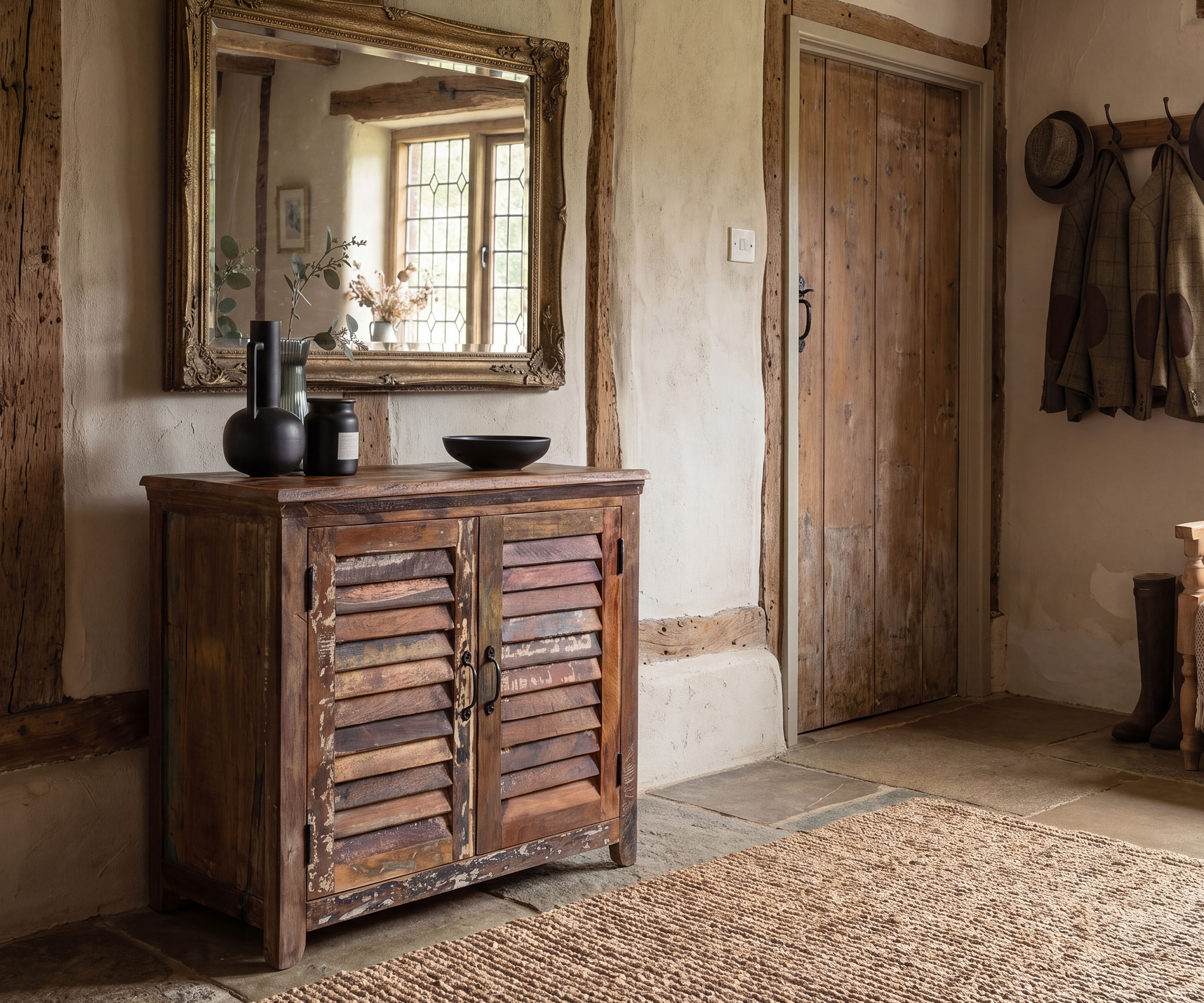 hallway in period house with old wooden door and stone floors