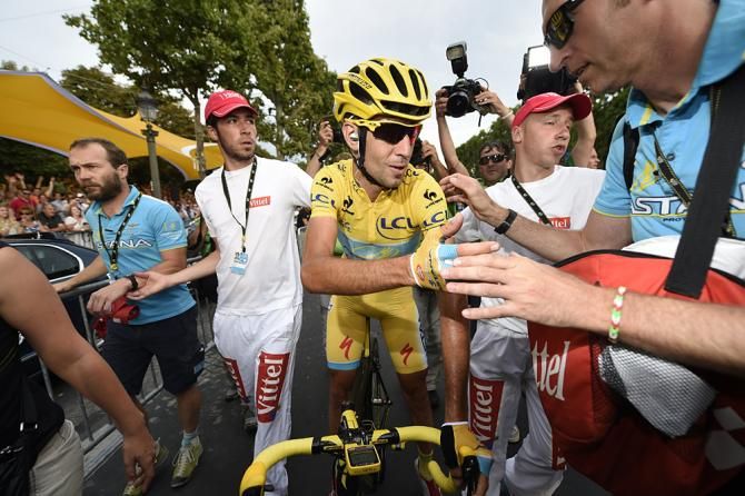Vincenzo Nibali (Astana) meets with the press after the race