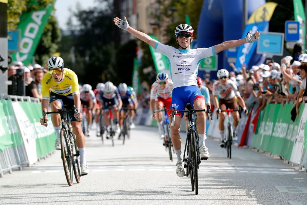LUXEMBOURG LUXEMBOURG SEPTEMBER 18 David Gaudu of France and Team Groupama FDJ white best young rider jersey celebrates at finish line as stage winner ahead of Joo Almeida of Portugal and Team Deceuninck QuickStep yellow leader jersey L during the 81st SkodaTour De Luxembourg 2021 Stage 5 a 1837km stage from Mersch to Luxembourg 323m skodatour skodatour on September 18 2021 in Luxembourg Luxembourg Photo by Bas CzerwinskiGetty Images