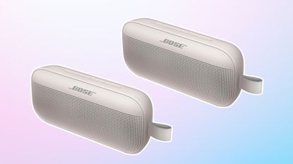 Two Bose speakers on pastel background