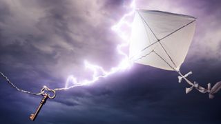 An artist's illustration of a kite with a key being struck by lightning